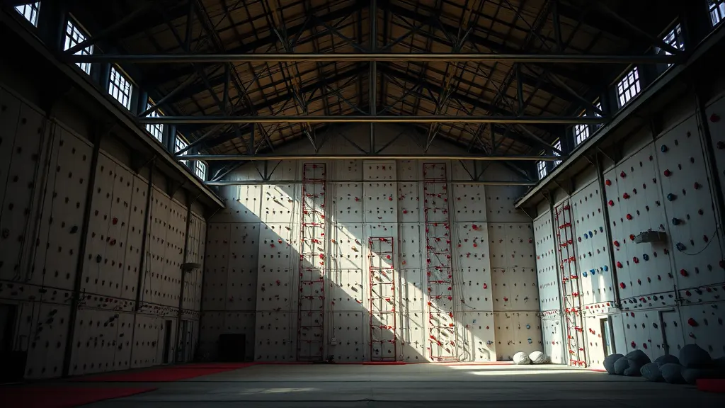 The main hall of the gym, with the rope wall running up to the warehouse roof